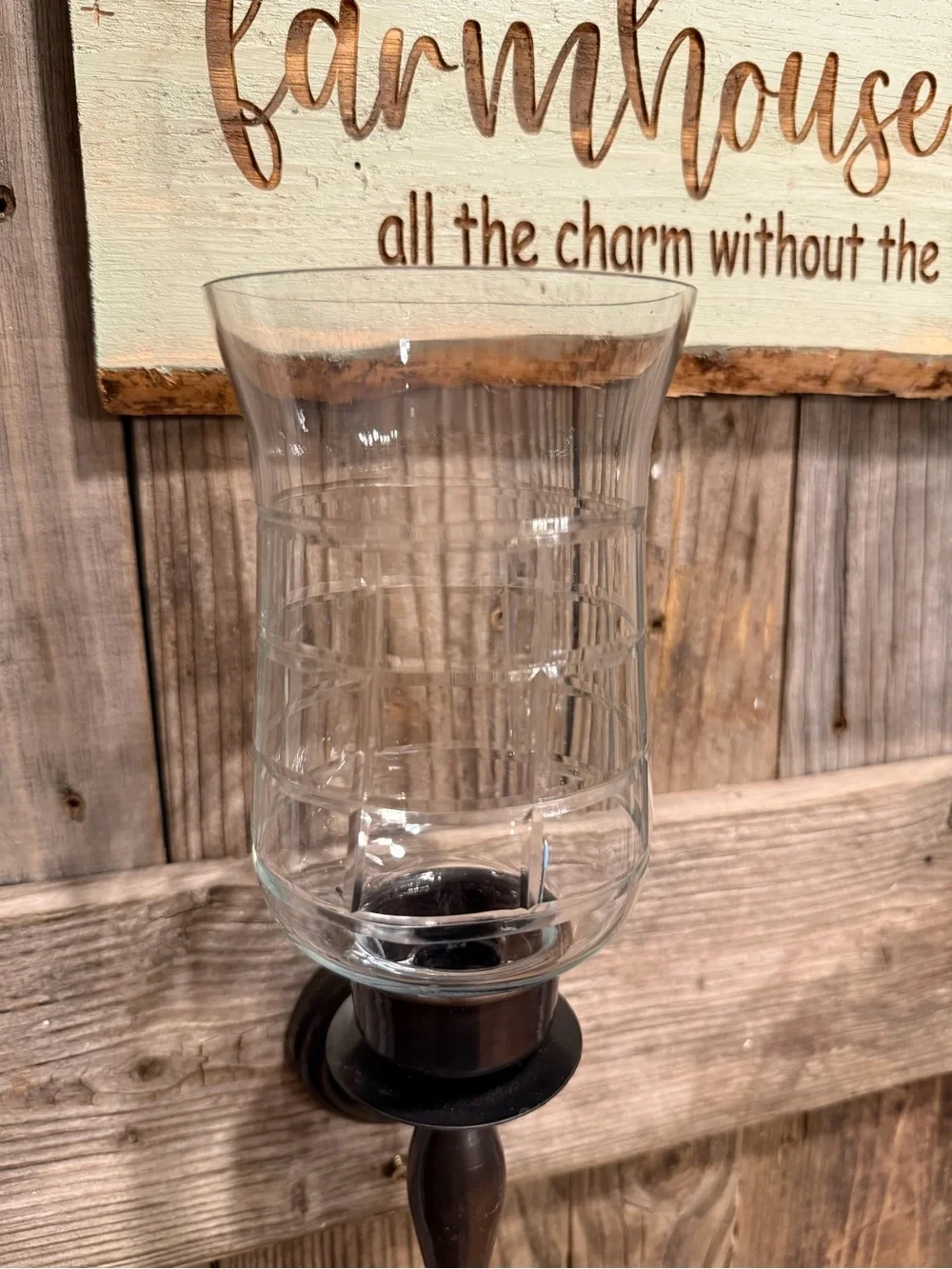 Pair of farmhouse dark bronze-toned metal candle sconces with clear glass